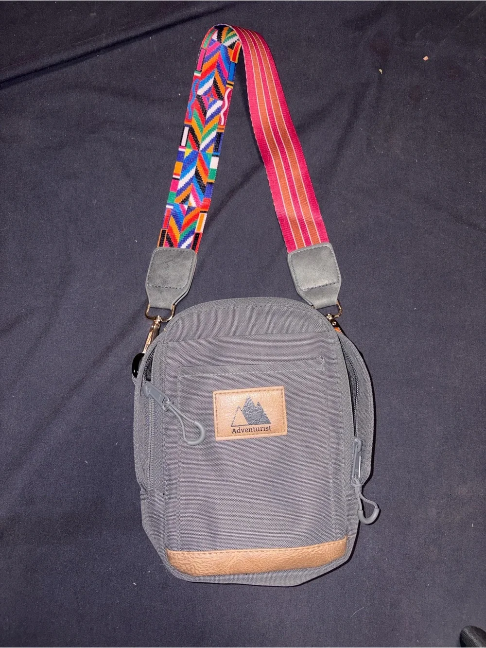 Gray Canvas Messenger Bag with Multicolor Strap